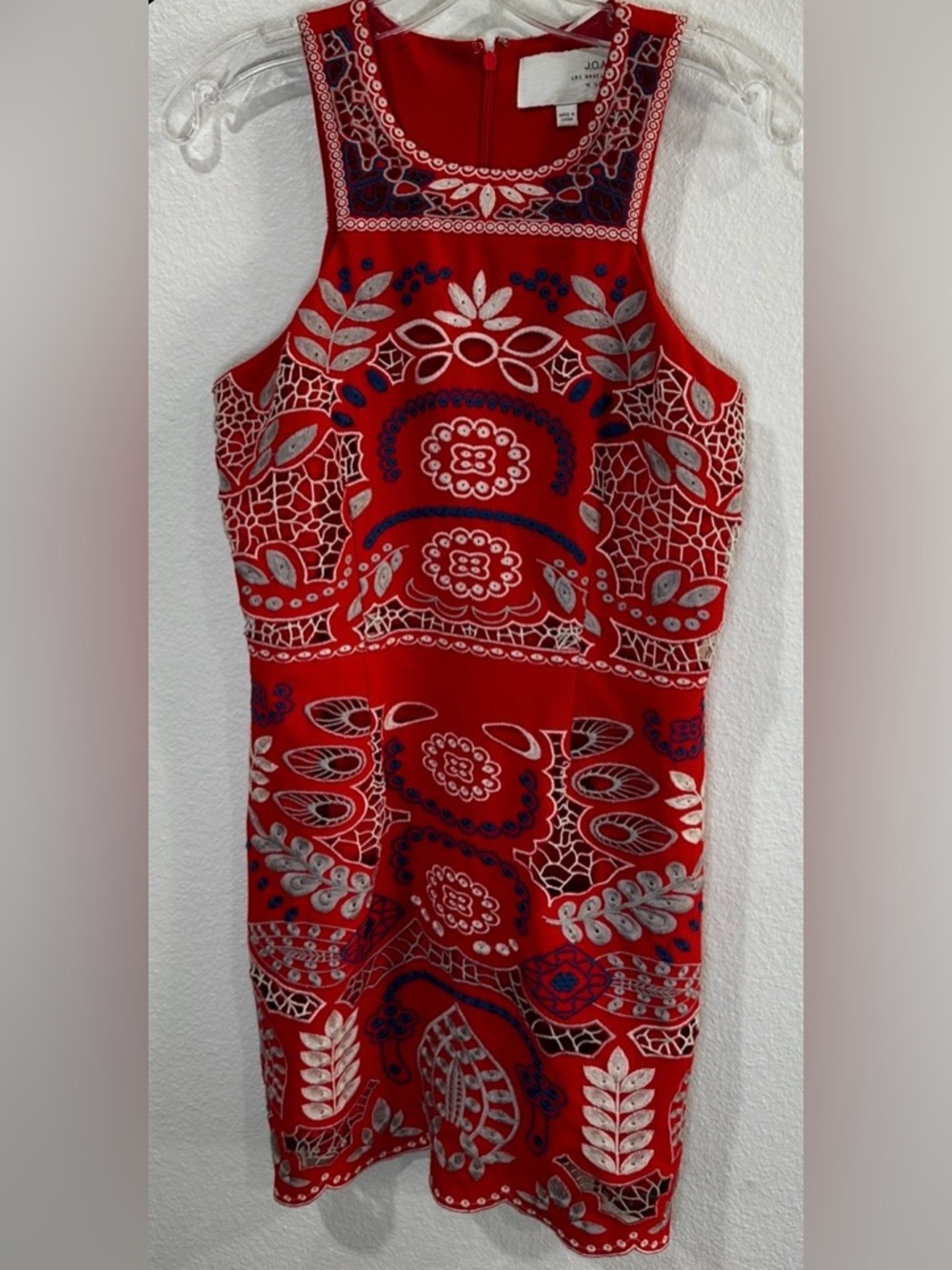 J.O.A. red embroidered dress high neck scalloped hem anthropologie‎ size M
